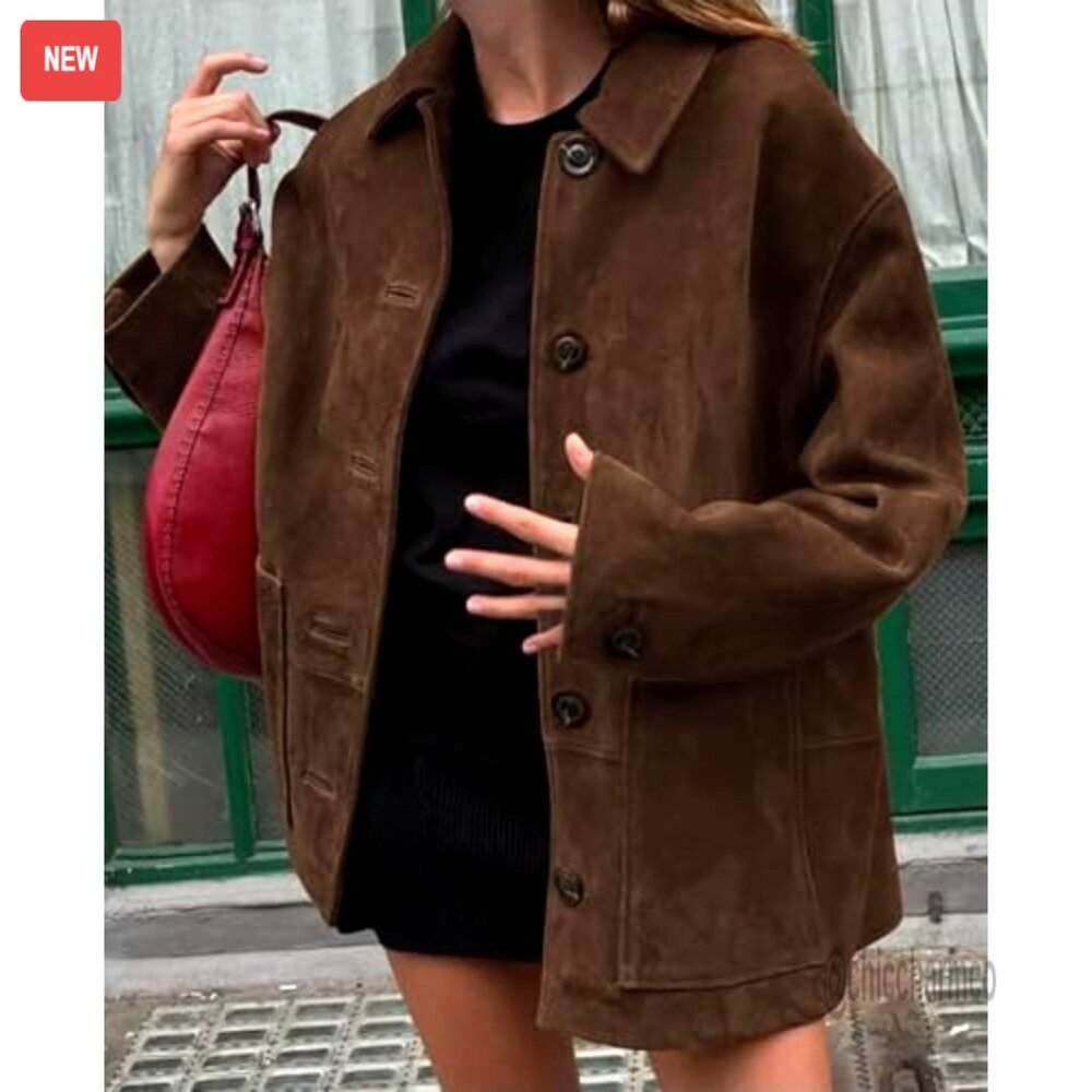 Faux Suede Leather Shacket Midi Long Button Down Casual Boyfriend Fit Jacket - Picture 5 of 5